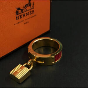 With Box! HERMES Kelly Scarf Ring Red Leather Cadena Motif Gold Tone Lock